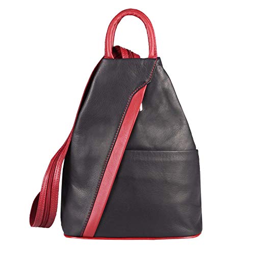 OBC Made in Italy Damen echt Leder Rucksack Lederrucksack Tasche Schultertasche Ledertasche Daypack Backpack Handtasche Nappaleder (Schwarz-Dunkelrot) von OBC Only-Beautiful-Couture