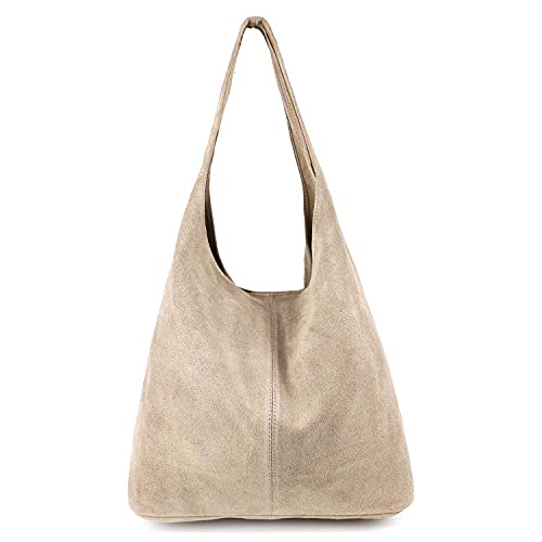 OBC Only-Beautiful-Couture Made IN Italy Damen Leder Hand-Tasche METALLIC Shopper Schultertasche Hobo-Bag Henkeltasche Beuteltasche Silber (Helltaupe (Wildleder)), ca.: 43x32x17 cm (BxHxT) von OBC Only-Beautiful-Couture