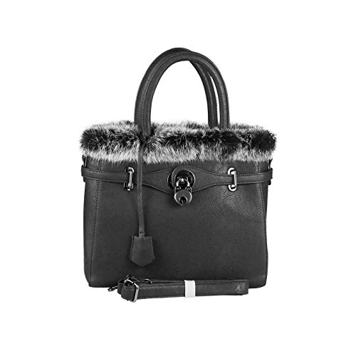 OBC ital-Design Damen echt Pelz Kaninchenfell Hand-Tasche Schultertasche Henkeltasche Umhängetasche Businesstasche Shopper Workbag Schwarz von OBC Only-Beautiful-Couture