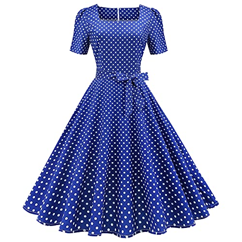 1950er Jahre Retro Polka Dot Print Kleid für Damen Cocktail Party Kleid, Damen Vintage Kleid A-Linie mit kurzen Ärmeln Audrey Hepbun Klassischer Rockabilly Cocktail Abend Swing Kleid Träger Blau XL von OBEEII