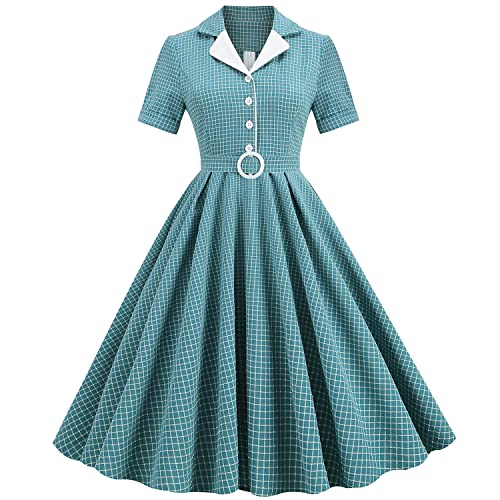 1950er Vintage Retro Cocktailkleid Rockabilly Kurzarm 50er Hepburn Stil Swing Cocktailkleid Abendkleid Blau-grün kariert XL von OBEEII