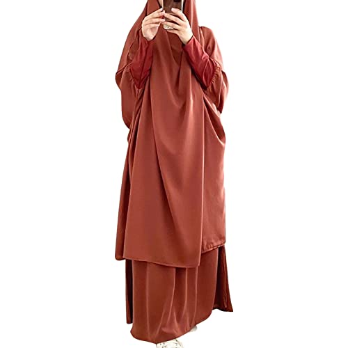 Abaya Muslim Damen Muslimische Kleider Islamische Kleidung Zweiteiler in voller Lange Hijab Kleid Robe Anzug Abaya Schal Kleid Robe Kleid Gebet Kleid Top und Dress Sets Orange Einheitsgröße von OBEEII