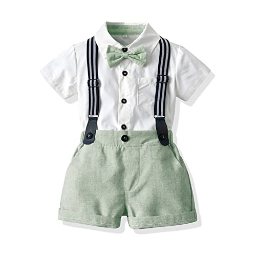 OBEEII Baby Jungen Gentleman Anzüge, Kinder Kurzarm Bowtie Shirt Strampler + Hosenträger Shorts Overalls Festliche Taufe Hochzeit Gentleman Shorts Set Grün 12-18M von OBEEII