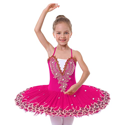 Balettkleider Tütü für Kinder Mädchen - Ballettkleid Balletttrikot Schwan Ballettanzug Tanz Ballett Tutu Trikot Kleid Ballettrock Ballerina Kostüm - Rosarot C 13-14 Jahre von OBEEII