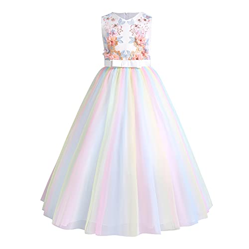 Blumenmädchen Kleider Mädchen Kinder Festlich Hochzeits Kleid Prinzessin Brautjungfern Anlässe Partykleider Festzug Spitzenkleid Tüllkleid Erstkommunion Kleider Abendkleid White+Rainbow 13-14 Jahre von OBEEII