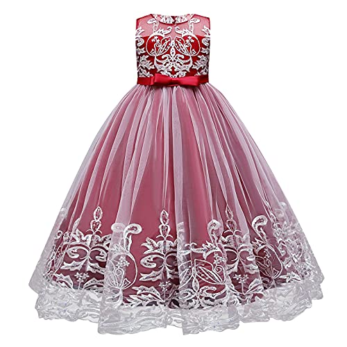 Blumenmädchen Spitzenkleid für Kinder Vintage Ärmelloses Bodenlanges Kleid Geburtstag Hochzeit Abend Formale Festzug Tanzkleid Prinzessin Puffy Tüll Kleider mit Schleife Kastanienbraun 9-10 Jahre von OBEEII