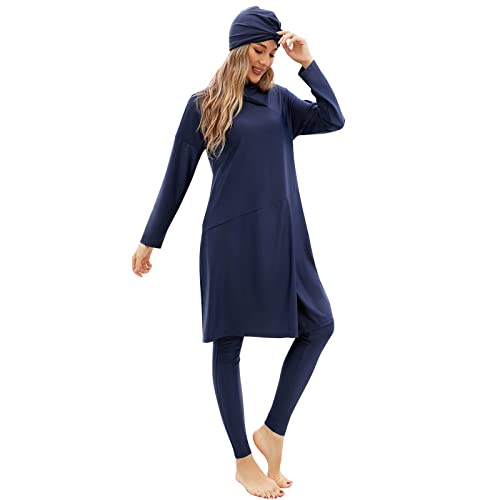 Burkini Damen Muslim Bademode Modest Solid Color Islamische Arabische Muslimische Badeanzug Langarm Oberteil + Schwimmhose +Hijab 3tlg Full Body Swimsuits Badeanzug Dunkelblau L von OBEEII