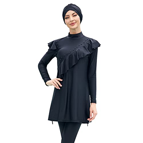 Burkini Damen Muslim Bademode Modest Solid Color Islamische Arabische Muslimische Badeanzug Langarm Oberteil + Schwimmhose +Hijab 3tlg Full Body Swimsuits Badeanzug Schwarz B 4XL von OBEEII