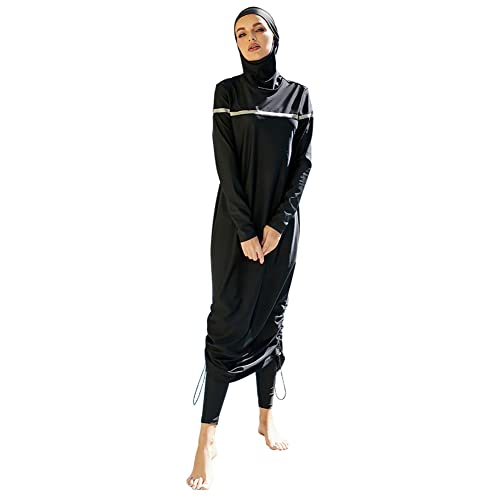 Conservative Damen-Bademode, Muslimische Bademode, bescheidener islamischer Bikini, Badeanzug, Strandmode Einfarbiges Langarm-Oberteil + Hose + Hijab Damen Badeanzug Dreiteiliges Set Schwarz06 L von OBEEII