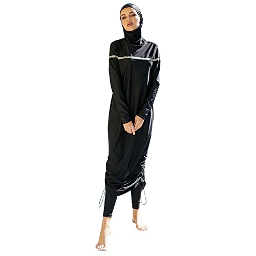 Conservative Damen-Bademode, Muslimische Badeanzug, bescheidener islamischer Bikini, Langarm-Oberteil + Hose + Hijab Damen Badeanzug Dreiteiliges Set Schwarz06 S von OBEEII