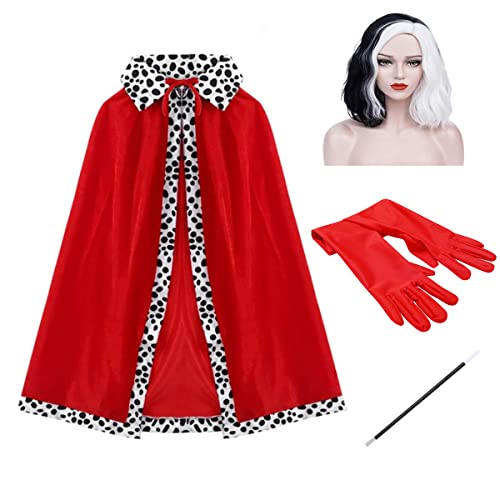 OBEEII x Cruella Deville Cape Perücken-Handschuhhalter-Zubehörset für Kinder und Erwachsene für Halloween, Cosplay, Geburtstagsfeier, Anziehkostüm, Erwachsene, Einheitsgröße von OBEEII