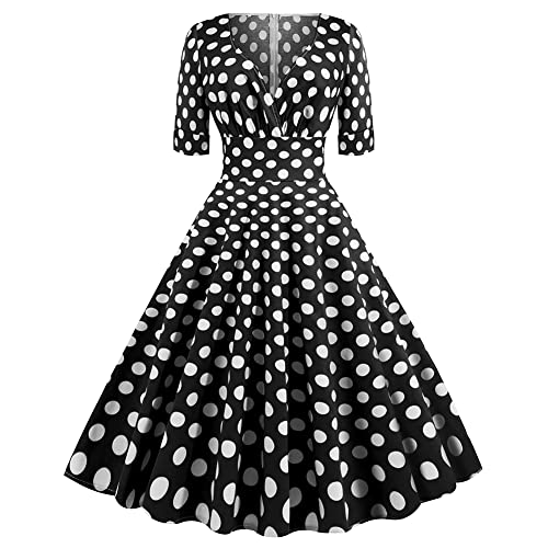 Damen 1950er Jahre Audrey Hepbun Vintage Cocktailkleid, Mädchen Retro Rockabilly Kleid 50er Jahre Karnevalskostüm, Kurze Ärmel, Elegantes A-Linien-Kleid, Bankettkleid Schwarze Tupfen XL von OBEEII