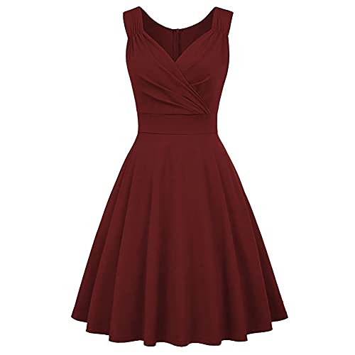 Damen 50er 60er Jahre Faltenrock Retro Kleider Rockabilly Kleid Knielang Vintage Kleid V Ausschnitt Swing Party Cocktailkleider Weinrot S von OBEEII