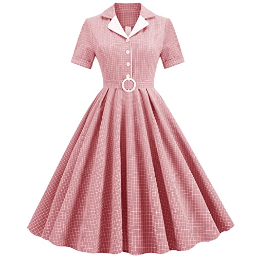 Damen 50er Jahre Kleid Polka Dots Rockabilly Hepburn Stil Cocktailkleider 1950er Vintage A-Line Partykleid Abendkleid Rosa Plaid M von OBEEII