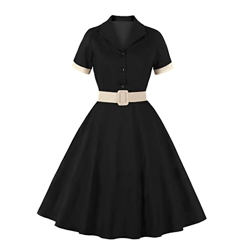 Damen 50er Jahre Kleid Polka Dots Rockabilly Hepburn Stil Cocktailkleider 1950er Vintage A-Line Partykleid Abendkleid Schwarz S von OBEEII