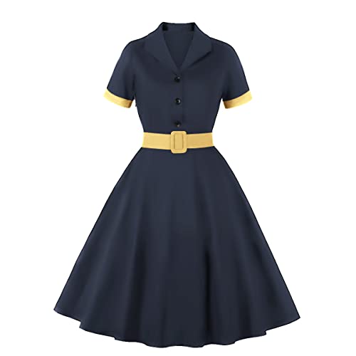 Damen 50er Jahre Retro Cocktailkleid Rockabilly Retro Polka Dots A-Line Partykleid Abendkleid Navy L von OBEEII