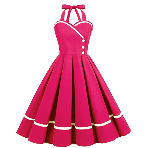 Damen Abendkleid Cocktailkleid Vintage Retro 1950er Jahre Audrey Hepburn Pin-up Rockabilly Swing Kleid mit Punkten Halter Chic und elegant, Rosa, Medium von OBEEII