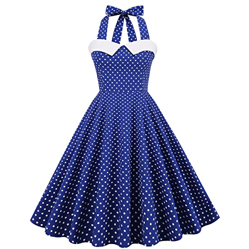 Damen Abendkleid Cocktailkleid Vintage Retro 1950er Jahre Audrey Hepburn Pin-up Rockabilly Swing Kleid mit Punkten Halter Chic und elegant, dunkelblau, Medium von OBEEII