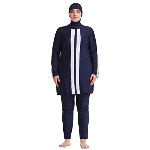 Damen Badeanzug Langarm Splice Tops Burkini Pullover Elastischer Bund Leggings mit Rock Capri-Länge mit Badekappe Bescheidener Badeanzüge Muslimischer fur Frau in Übergröße Dunkelblau02 3XL von OBEEII