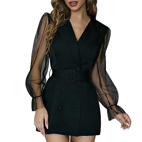 Damen Blazer Kleid Elegant Sheer Mesh Langarm V-Ausschnitt Business Hemdkleid Double-Breasted Freizeit Club Partykleid Cocktailkleid Minikleider mit Gürtel Schwarz L von OBEEII