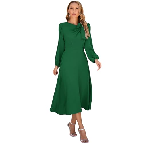 Damen Lange Kleider Langarm Rundhalsausschnitt Swing Partykleider Cocktailkleid Bowknot A-Linie Faltenrock Casual Freizeitkleid Abendkleid Grün L von OBEEII