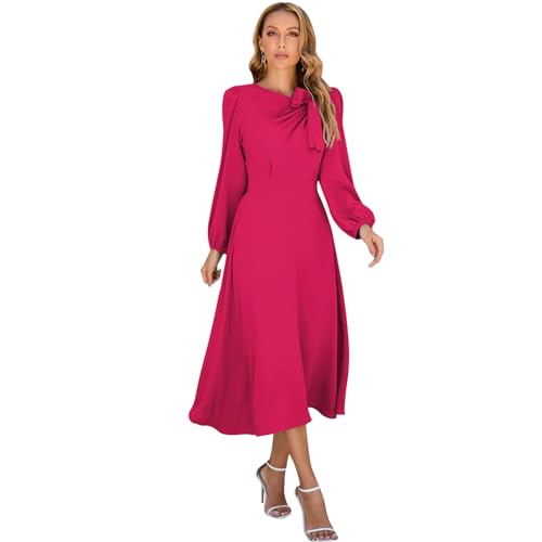 Damen Lange Kleider Langarm Rundhalsausschnitt Swing Partykleider Cocktailkleid Bowknot A-Linie Faltenrock Casual Freizeitkleid Abendkleid Rosa Rot L von OBEEII