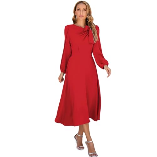 Damen Lange Kleider Langarm Rundhalsausschnitt Swing Partykleider Cocktailkleid Bowknot A-Linie Faltenrock Casual Freizeitkleid Abendkleid Rot L von OBEEII