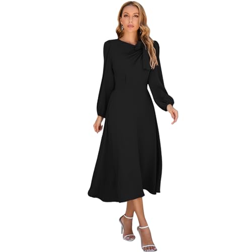 Damen Lange Kleider Langarm Rundhalsausschnitt Swing Partykleider Cocktailkleid Bowknot A-Linie Faltenrock Casual Freizeitkleid Abendkleid Schwarz L von OBEEII