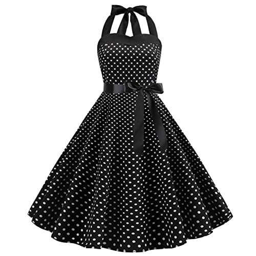 Damen Neckholder Vintage Rockabilly Kleid 1950er Jahre Swing Cocktail Kleid Blumen/Polka Dots Festlich Abendkleid Schwarz M von OBEEII