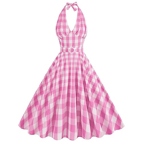 Damen Vintage Cocktailkleid Ärmellos Neckholder 1950er Kariert Retro Rockabilly Swing Kleid A Linie Faltenrock Knielang Hochzeit Festlich Abendkleid Ballkleid Rose C XL von OBEEII