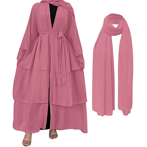 Frauen Muslimische Arabischer Islamischer Kaftan Kleid in Voller Länge Arabisches Islamisches Gewand aus dem Nahen Osten Strickjacke Kleid + Hijab Muslimische Kleidung Purpur Rosa XXL von OBEEII