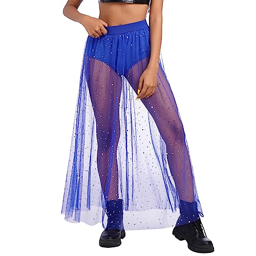 Glitzer Rock Damen Festival Party Rock Mit Mesh Transparent Rock Mit Hose Drunter 2 In 1 Rock Frezeit Strand Clubwear Disco Maxi Röcke Blau S von OBEEII