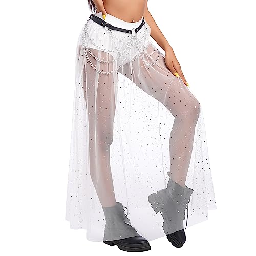 Glitzer Rock Damen Festival Party Rock Mit Mesh Transparent Rock Mit Hose Drunter 2 In 1 Rock Frezeit Strand Clubwear Disco Maxi Röcke Weiß L von OBEEII