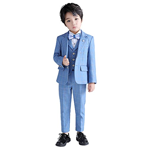 Jungen Gentleman Smoking Anzug Fliege 5tlg Bekleidung Schicker Taufanzug (Sakko, Weste, Hemd, Hose & Krawatte), Jungen Anzug Festlich Hochzeit Geburtstagsparty Taufkleidung Smoking Blau 11-12 Jahre von OBEEII