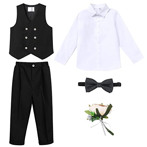 Kinder Hochzeits Anzug Set Formelle Kleidung Set Smoking Hemd + Weste + Fliege + Hosen + Blumenbrosche 5tlg Kleidung Outfits Hochzeit Festliche Anzüge Geburtstagsparty Taufkleidung Schwarz03 7-8 Jahre von OBEEII