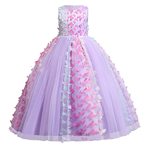 Kinder Langes Schmetterlinge Applikation Abendkleid Blumenmädchen Hochzeit Partykleid Hochzeitskleid Brautjungfer A-Linie Tüll Prinzessin Maxikleid Violett A 9-10 Jahre von OBEEII