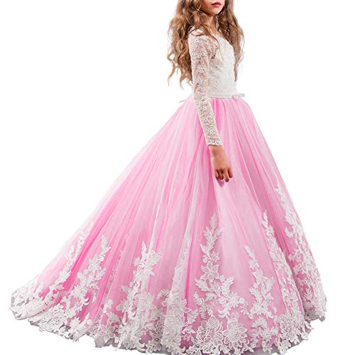 Kinder Mädchen Ärmellos Lang Kleid Spitze Tüll Prinzessin Partykleid Geburtstag Festzug Festkleid Blumenmädchen Hochzeitskleid Brautjungfer Maxikleid A-Linie Kommunionskleid Abendkleid 8-9 Jahre von OBEEII