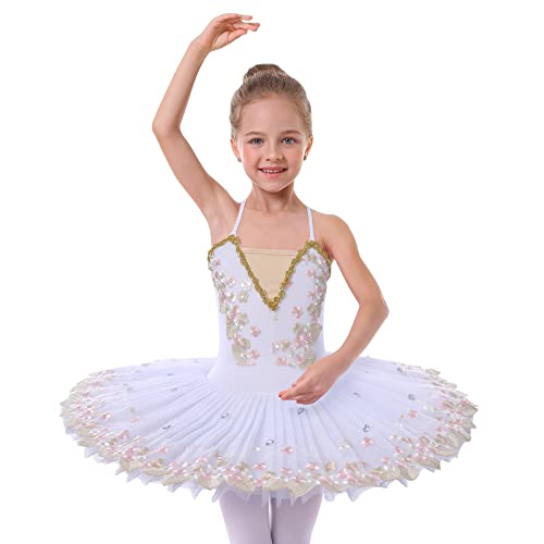 Kinder Mädchen Ballettkleid Ärmelloses Gymnastik Tanztrikot mit Tüllrock Einteilige Ballettanzug Ballerina Tanzkleidung Gymnastikanzug Mädchen Stickerei Tanzen Performance Kostüm Weiß02 C 13-14 Jahre von OBEEII