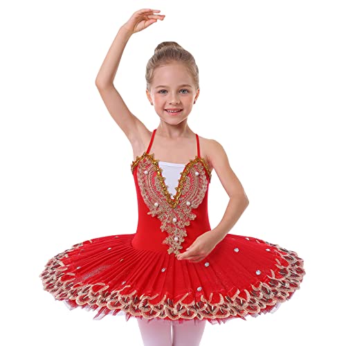 Mädchen Ballettkleid Ärmellos Stickerei Schmetterling Balletttrikot Ballettanzug Tanzkleid Tanzbody Top mit Tütü Rock Ballettrock Kinder Ballettkleidung Gymnastik Rot C 13-14 Jahre von OBEEII