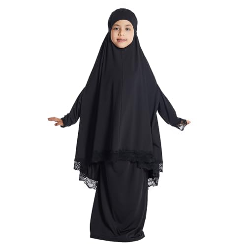 Mädchen Hijab Abaya Muslimische Kleid Long Khimar Full Cover and Rock Zweiteiliges Set Einfarbig Dubai Islamische Türkisches Katfan Muslimische Robe Schwarz 11-12 Jahre von OBEEII