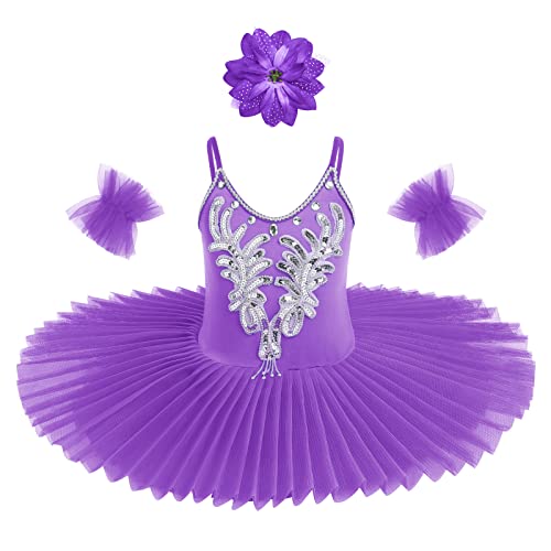 Mädchen Pailletten Ballett Tanzkleid Prinzessin Ärmellose Ballettanzug Gymnastik Body Tanzbody mit Glänzendem Tüllrock Kind Ballerina Dancewear-Kostüm Violett 5-6 Jahre von OBEEII