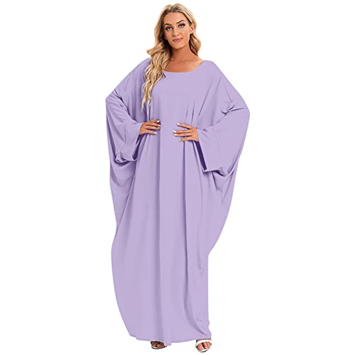 Muslim Frauen Einfarbig Kopfbedeckungen Moschee Fledermaus Ärmel Ramadan Kleid Ethnische Roben Damen Sommer Muslimische Kleider Getrimmt Vorne Abaya Maxi Kaftan Hellviolett + Turban Einheitsgröße von OBEEII