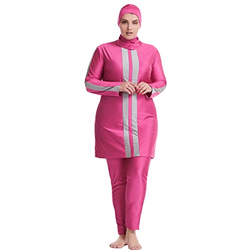 Muslimische Badeanzüge für Frauen, Übergröße Schwimmkleidung Burkini Langarm Splice Pullover Tops Elastischer Bund Schwimmhose mit Rock Capri-Länge mit Badekappe Rosarot XL von OBEEII