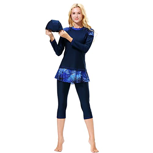 Muslimische Bademode Badeanzug Full Cover Bescheidene Badebekleidung Modest Muslim Swimwear Beachwear Burkini Kurzarm Tops und Hose Abnehmbarer Hijab 3-Teilige Modest Bademode Sets Dunkelblau 3XL von OBEEII