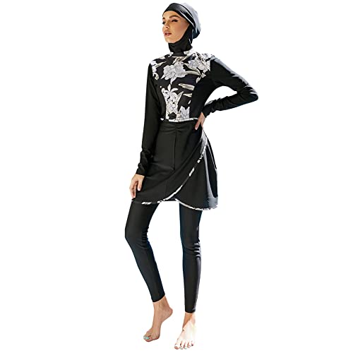 Muslimische Bademode Muslim Islamischen Bescheidene Full Cover Badebekleidung Modest Swimwear Beachwear Burkini für Frauen Langarm Top Kleid und Hose mit Hijab Bandana Bademode Set Schwarz07 XL von OBEEII