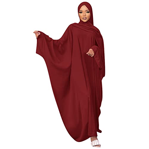 Muslimisches Zweiteiliges Gebetskleid für Frauen Kleid Islamischer Dubai Türkei Maxi Abaya Kaftan mit Voller Länge Kleid Kleidung Gebetskleid den Ramadan für Ethnische Weinrot + Turban Einheitsgröße von OBEEII