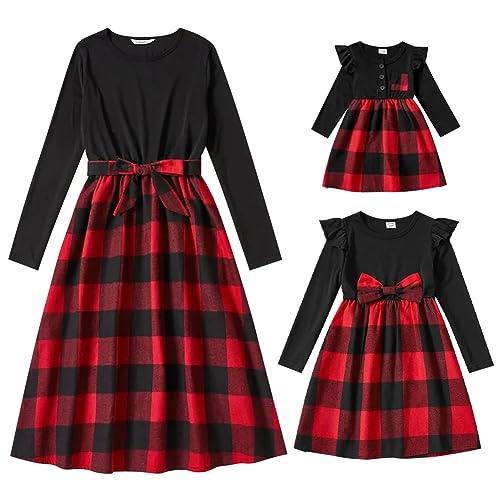 Mutter Tochter Weihnachtskleid Kariert Familie Passendes Outfit Herbst Winter Langärm Mama Mädchen Passend Kleidung Freizeitkleid Festkleid Abendkleid von OBEEII