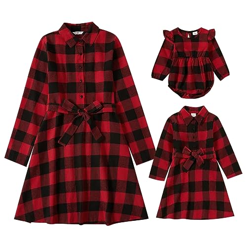 Mutter Tochter Weihnachtskleid Xmas Kariert Familie Passendes Outfit A-Linie Herbst Winter Langärm Freizeitkleid Festkleid Mama Mädchen Passend Familie Kleidung Abendkleid Rot kariert S von OBEEII