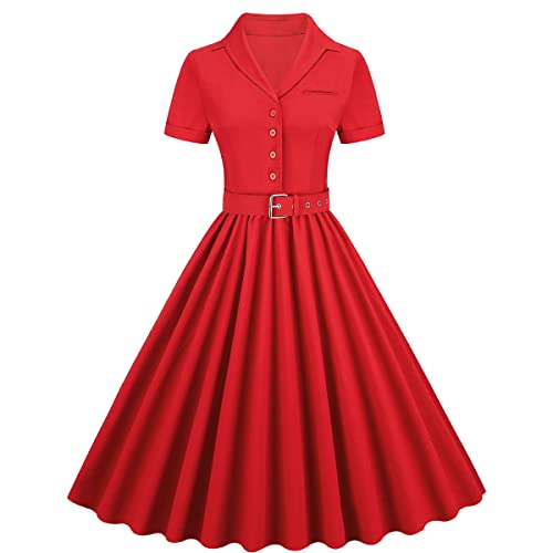 OBEEII 1950er Vintage Retro Cocktailkleid Rockabilly A-line Hepburn Stil Polka Dots Drucken Partykleider Vintage Skater Swing Blumendruck Kleid für Abend Cocktail Prom Rot XL von OBEEII