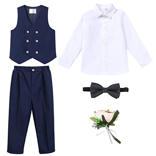 OBEEII 5-teiliges Einschulung Junge Outfit, Kinder Anzug Hochzeit Jungen, Weste + Hemd + Shorts + Fliege + Blumenbrosche Navy01 3-4 Jahre von OBEEII